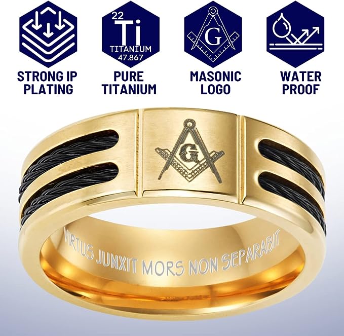 Genuine Titanium Black 8mm Wide Gold tone Masonic Man Ring High Polished Comfort Fit.