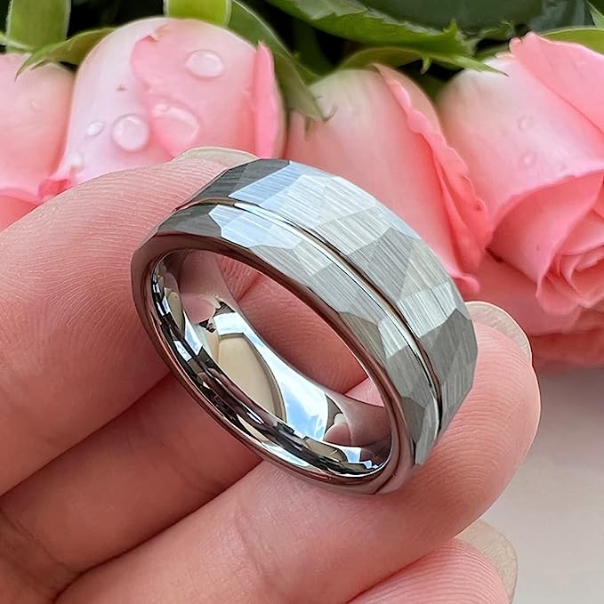 Genuine Carbide Tungsten Color: SILVER  Brushed Hammered 8mm RING Polished Shiny Comfort Fit Wedding Band Size 6-15