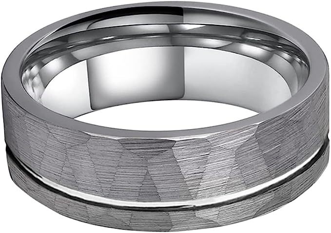 Genuine Carbide Tungsten Color: SILVER  Brushed Hammered 8mm RING Polished Shiny Comfort Fit Wedding Band Size 6-15