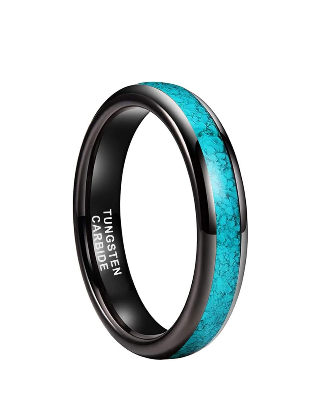 Genuine Carbide Tungsten Color:  BLACK 4mm RING Turquoise Inlay Domed Polished Shiny Comfort Fit Wedding Band Size 6-15