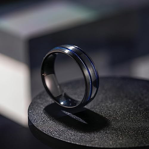 Genuine Tungsten Carbide 8mm Ring - Brushed Black/Blue Band Thin Groove Line Comfort Fit Size 6-15