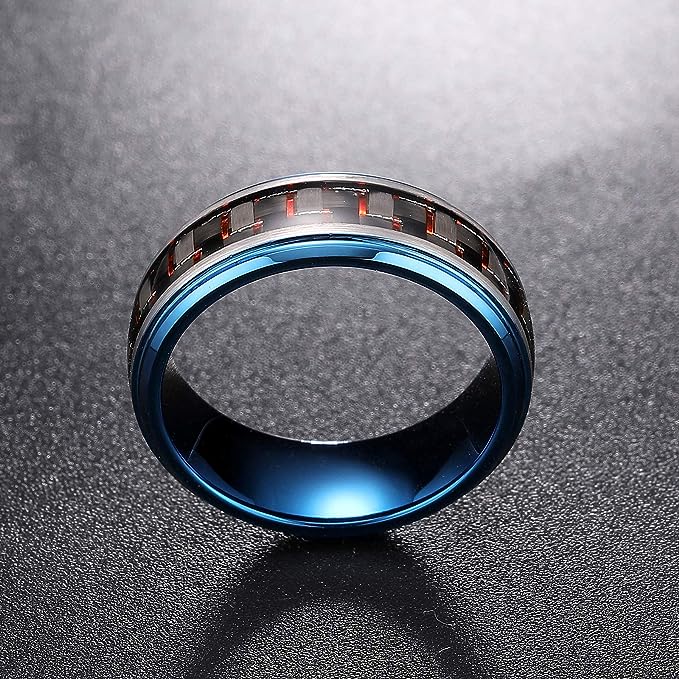 Genuine Carbide Tungsten Color: 8mm Silver BLUE Red Black Carbon fiber Inlay High polished inner-face design smooth and shiny. Comfort Fit Wedding Band Size 6-15