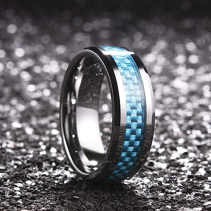 Genuine Carbide Tungsten 8mm Ring SILVER with LIGHT BLUE carbon fiber inlay, Comfort Fit wedding band Size 6-15
