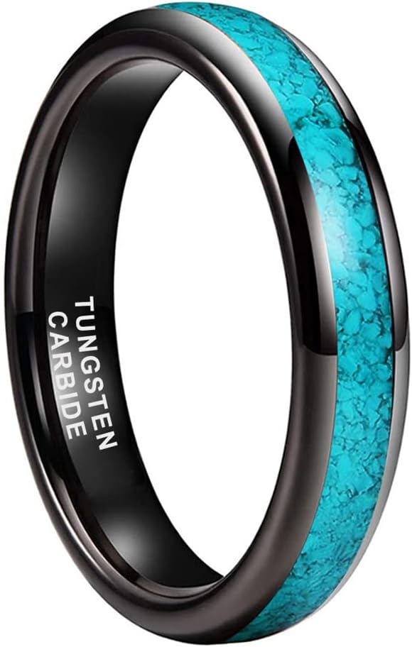 Genuine Carbide Tungsten Color:  BLACK 4mm RING Turquoise Inlay Domed Polished Shiny Comfort Fit Wedding Band Size 6-15