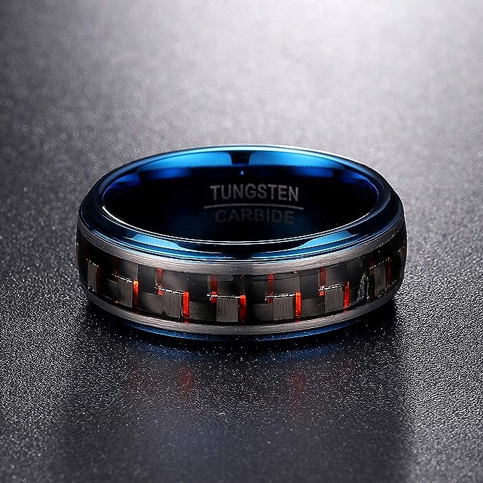 Genuine Carbide Tungsten Color: 8mm Silver BLUE Red Black Carbon fiber Inlay High polished inner-face design smooth and shiny. Comfort Fit Wedding Band Size 6-15