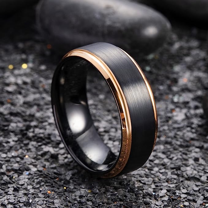 Genuine Carbide Tungsten Color: 8mm Black Matte and Inner Gold Step Edge high polished inner-face design smooth and shiny. Comfort Fit Wedding Band Size 6-15