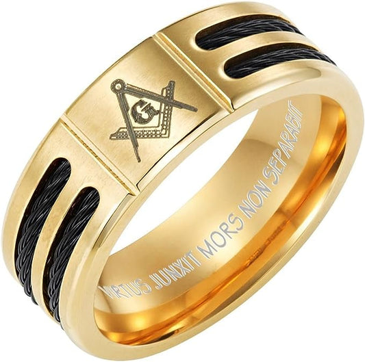 Genuine Titanium Black 8mm Wide Gold tone Masonic Man Ring High Polished Comfort Fit.