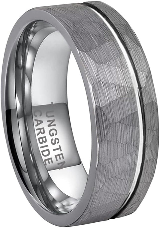 Genuine Carbide Tungsten Color: SILVER  Brushed Hammered 8mm RING Polished Shiny Comfort Fit Wedding Band Size 6-15