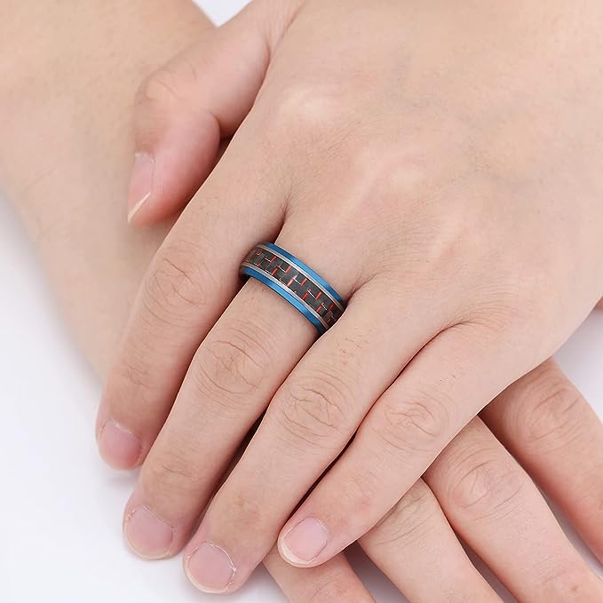 Genuine Carbide Tungsten Color: 8mm Silver BLUE Red Black Carbon fiber Inlay High polished inner-face design smooth and shiny. Comfort Fit Wedding Band Size 6-15