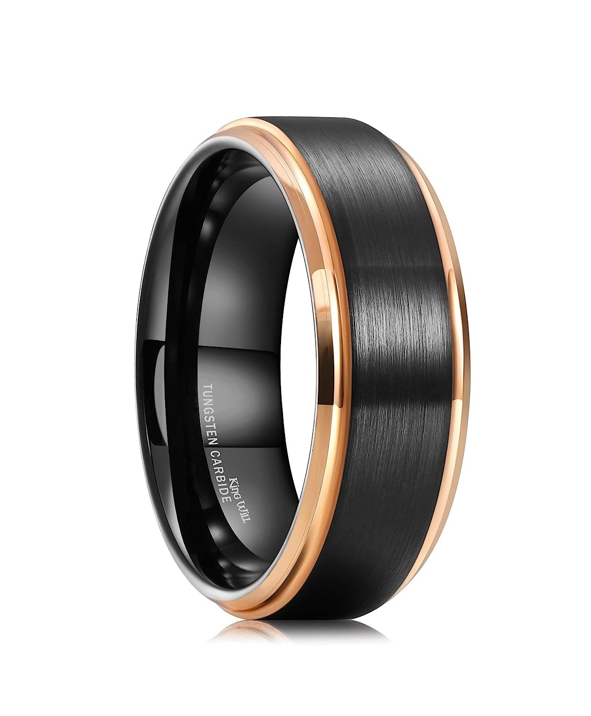 Genuine Carbide Tungsten Color: 8mm Black Matte and Inner Gold Step Edge high polished inner-face design smooth and shiny. Comfort Fit Wedding Band Size 6-15