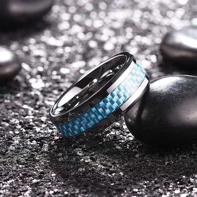 Genuine Carbide Tungsten 8mm Ring SILVER with LIGHT BLUE carbon fiber inlay, Comfort Fit wedding band Size 6-15