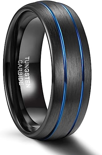 Genuine Tungsten Carbide 8mm Ring - Brushed Black/Blue Band Thin Groove Line Comfort Fit Size 6-15