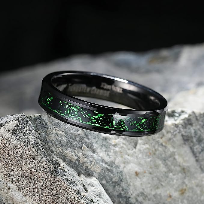 Genuine Carbide Tungsten Color: BLACK Laser Celtic Dragon GREEN Fiber Inlay 5mm RING Polished Shiny Comfort Fit Wedding Band Size Size 6-15