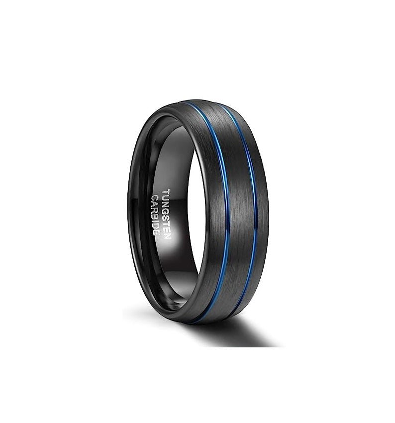 Genuine Tungsten Carbide 8mm Ring - Brushed Black/Blue Band Thin Groove Line Comfort Fit Size 6-15