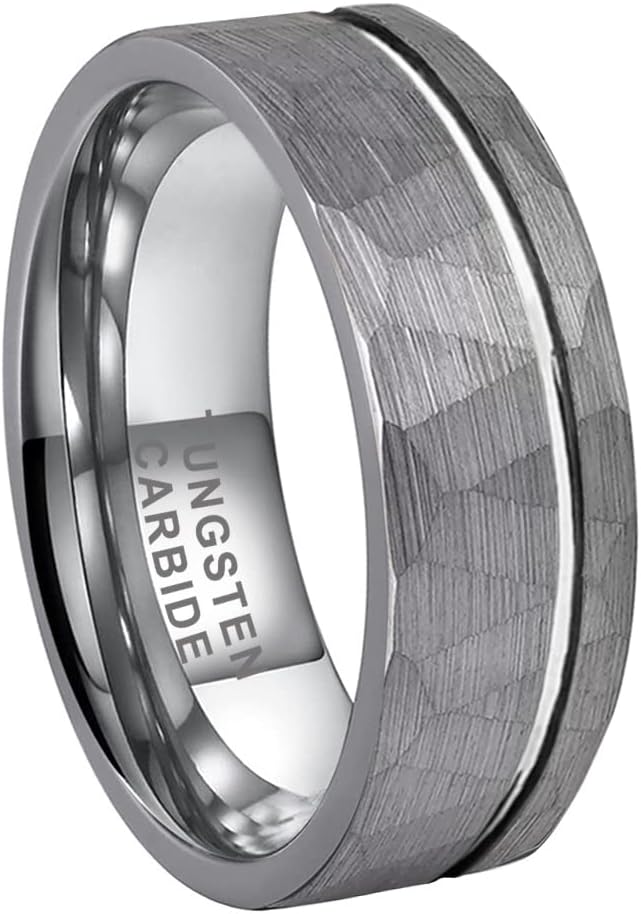 Genuine Carbide Tungsten Color: SILVER  Brushed Hammered 8mm RING Polished Shiny Comfort Fit Wedding Band Size 6-15