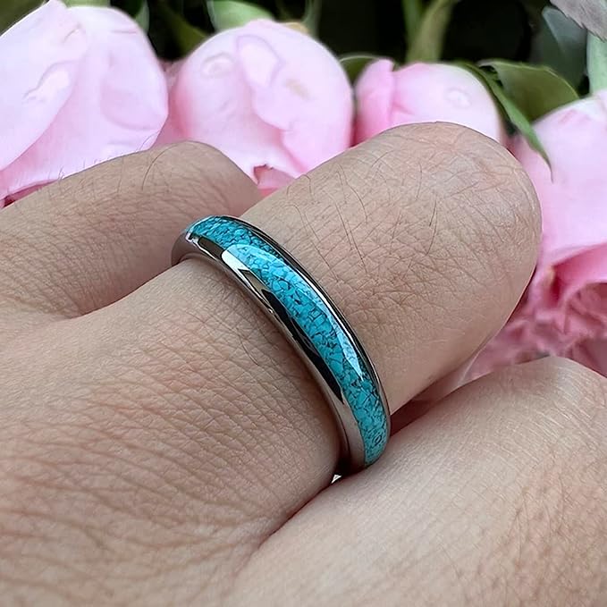 Genuine Carbide Tungsten Color:  SILVER 4mm RING Turquoise Inlay Domed Polished Shiny Comfort Fit Wedding Band Size 6-15