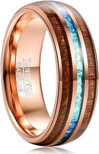 8mm Gorgeous 8mm Rose Gold Koa Wood & Blue Opal Inlay Inner high polished inner-face design smooth and shiny. Comfort Fit Wedding Band Size 6-15