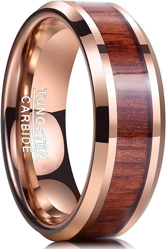 Genuine Carbide Tungsten Color: 18K Rose Gold Plated Koa Wood Center Inlay 8mm RING Polished Shiny Comfort Fit Wedding Band Size Size 7-12