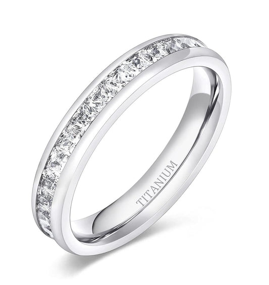 Genuine Titanium Silver 4mm Wide Ring Cubic Zirconia Eternity High Polished Comfort Fit.