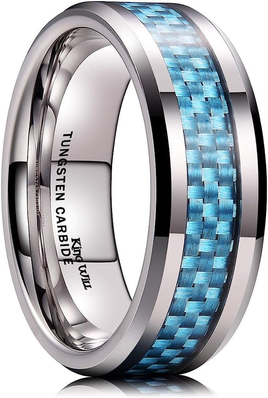 Genuine Carbide Tungsten 8mm Ring SILVER with LIGHT BLUE carbon fiber inlay, Comfort Fit wedding band Size 6-15