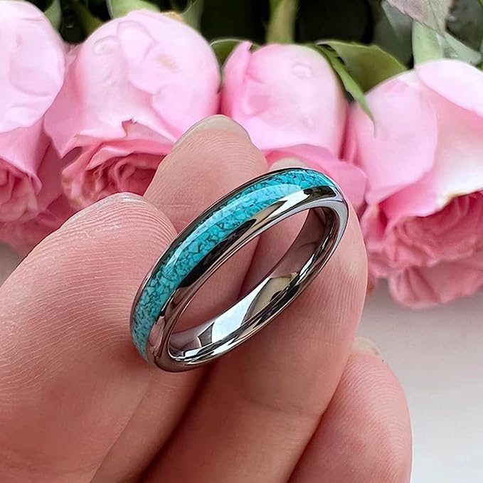 Genuine Carbide Tungsten Color:  SILVER 4mm RING Turquoise Inlay Domed Polished Shiny Comfort Fit Wedding Band Size 6-15