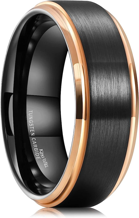 Genuine Carbide Tungsten Color: 8mm Black Matte and Inner Gold Step Edge high polished inner-face design smooth and shiny. Comfort Fit Wedding Band Size 6-15