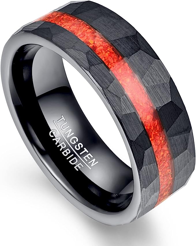 Genuine Carbide Tungsten Color: BLACK WITH OPAL INLAY Brushed Hammered 8mm RING Polished Shiny Comfort Fit Wedding Band Size Size 7-12