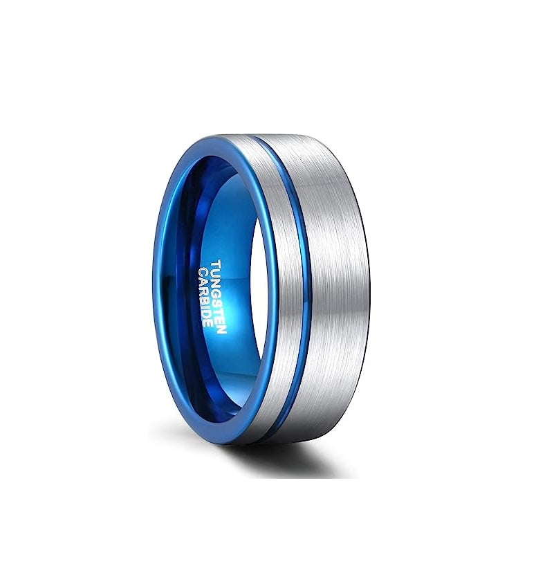 8mm Genuine Tungsten Carbide Silver/Blue Thin Groove Line Comfort Fit Size 6-15