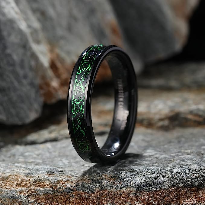 Genuine Carbide Tungsten Color: BLACK Laser Celtic Dragon GREEN Fiber Inlay 5mm RING Polished Shiny Comfort Fit Wedding Band Size Size 6-15