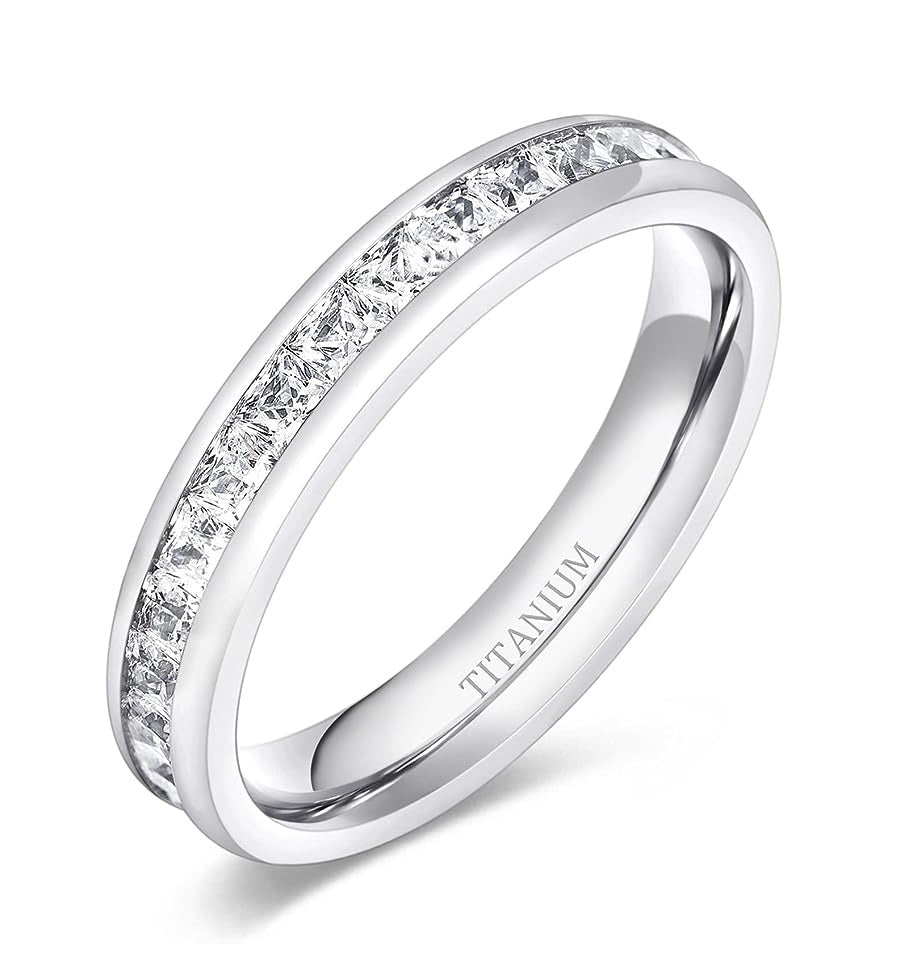 Genuine Titanium Silver 4mm Wide Ring Cubic Zirconia Eternity High Polished Comfort Fit.