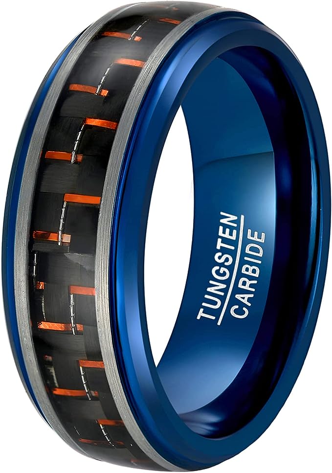 Genuine Carbide Tungsten Color: 8mm Silver BLUE Red Black Carbon fiber Inlay High polished inner-face design smooth and shiny. Comfort Fit Wedding Band Size 6-15