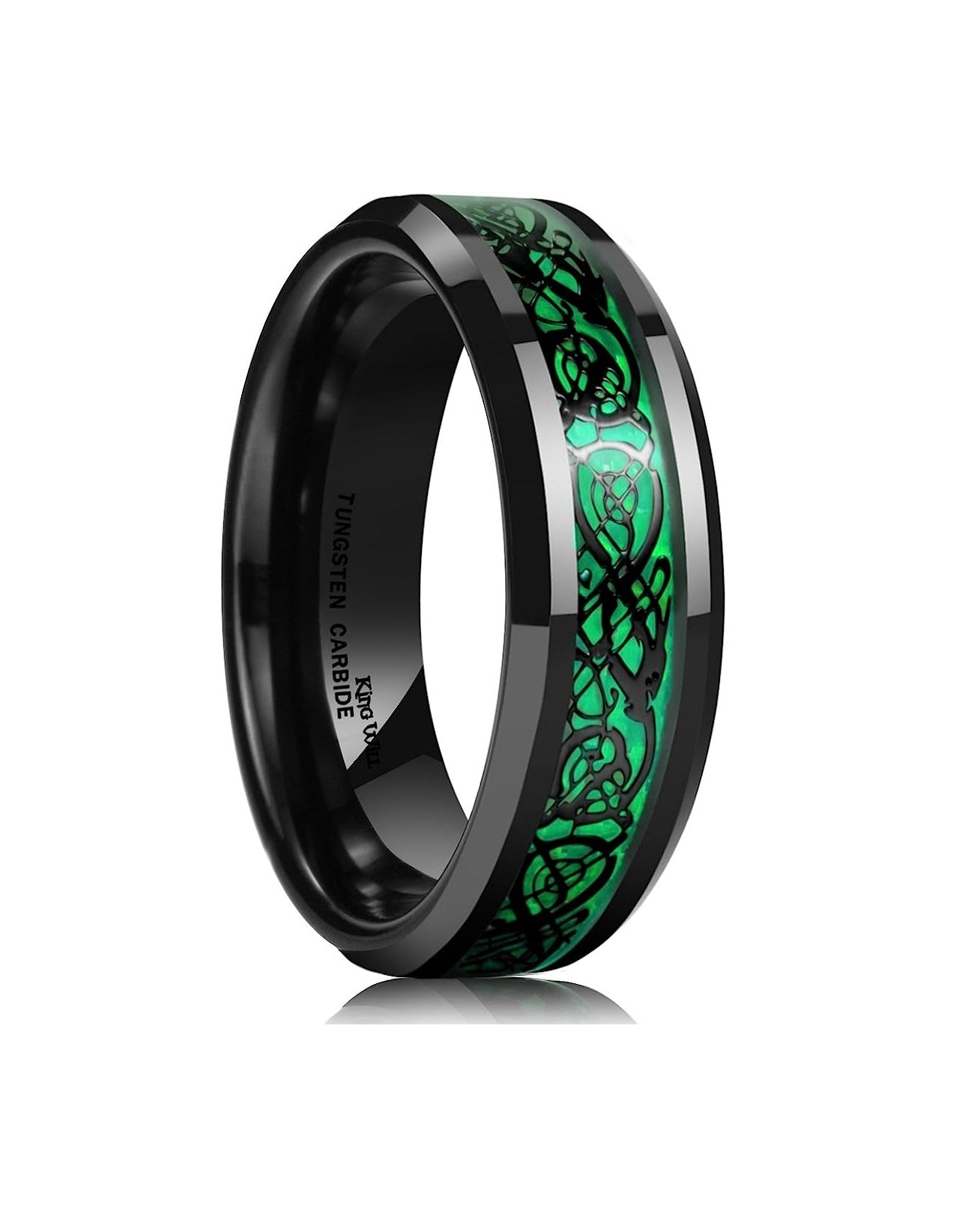 Genuine Carbide Tungsten Color: BLACK Laser Celtic Dragon GREEN Fiber Inlay 5mm RING Polished Shiny Comfort Fit Wedding Band Size Size 6-15