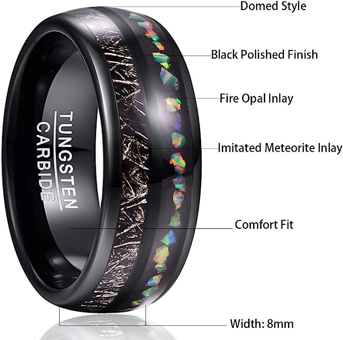 Genuine Carbide Tungsten Color: BLACK Inlaid with Imitated Meteorite Crushed Opal Center Inlay 8mm RING Polished Shiny Comfort Fit Wedding Band Size Size 7-12