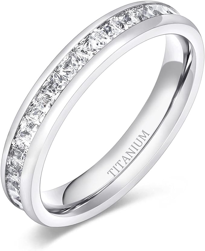 Genuine Titanium Silver 4mm Wide Ring Cubic Zirconia Eternity High Polished Comfort Fit.