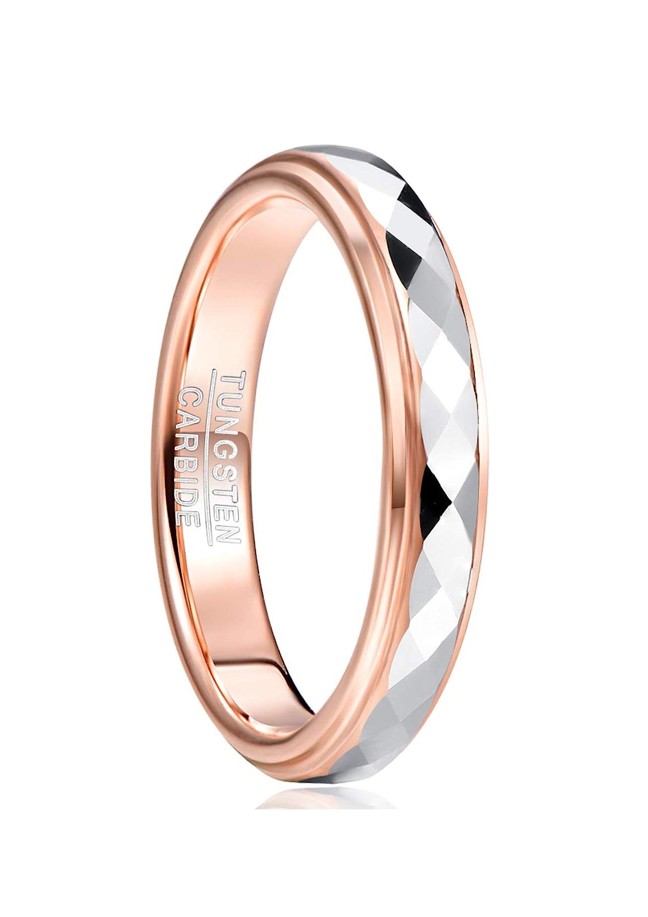 Genuine Carbide Tungsten Color: 4mm RING Rose Gold step edge and inner face High Polish makes it smooth and shiny Comfort Fit Wedding Band Size 5-10