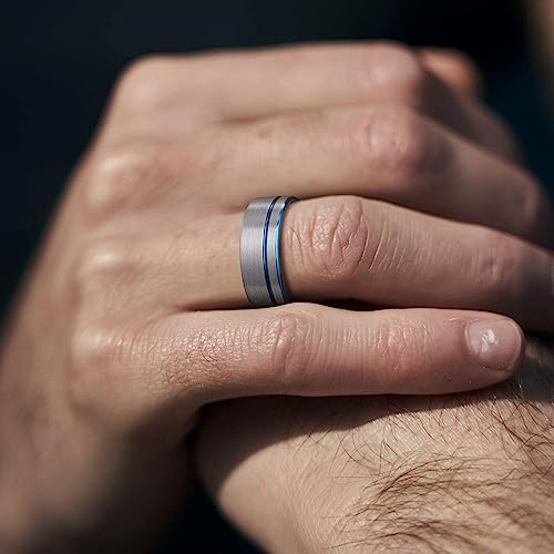 8mm Genuine Tungsten Carbide Silver/Blue Thin Groove Line Comfort Fit Size 6-15
