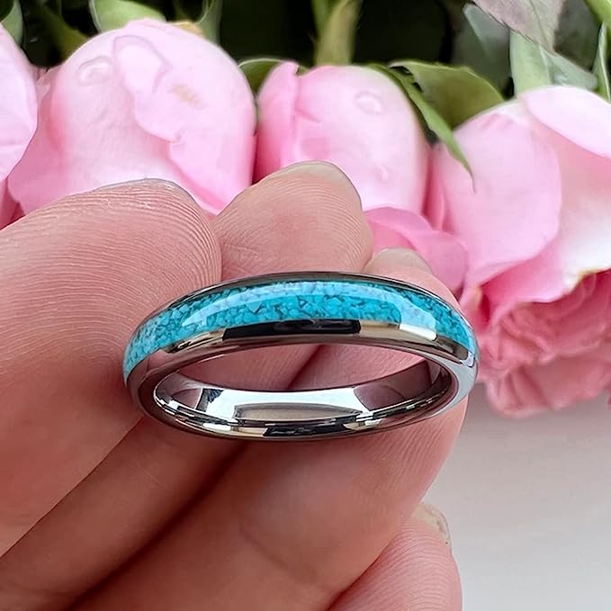 Genuine Carbide Tungsten Color:  SILVER 4mm RING Turquoise Inlay Domed Polished Shiny Comfort Fit Wedding Band Size 6-15