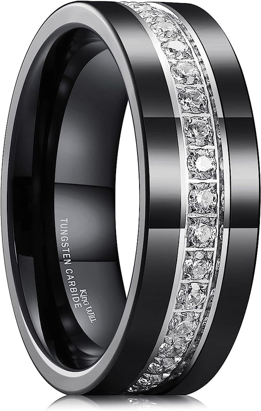 Genuine Carbide Tungsten Color: 8mm Black Eternity Ring Cubic Zirconia  Inlaid Gorgeous Stunning Polished Shiny Comfort Fit Wedding Band Size Size 6-15