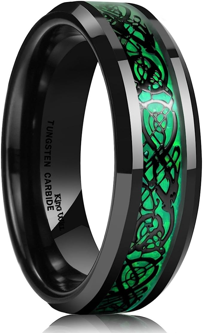 Genuine Carbide Tungsten Color: BLACK Laser Celtic Dragon GREEN Fiber Inlay 5mm RING Polished Shiny Comfort Fit Wedding Band Size Size 6-15