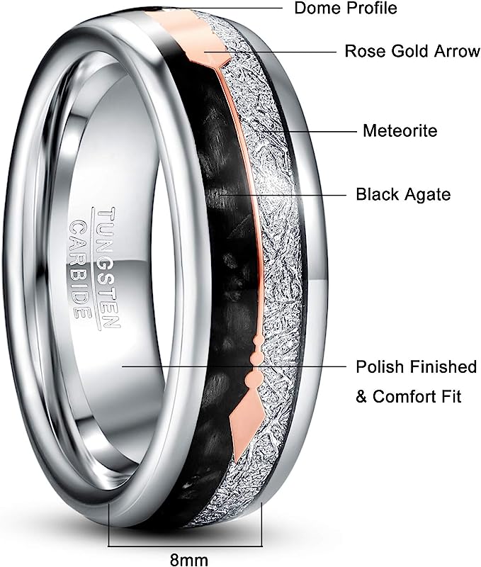 Genuine Carbide Tungsten Color: 8mm Gorgeous black agate and imitated meteorite Silver Inner high polished inner-face design smooth and shiny. Comfort Fit Wedding Band Size 6-15