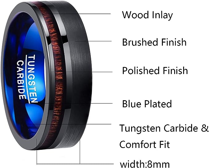 Genuine Carbide Tungsten Color: 8mm BLACK Brushed BLUE Koa Wood Inlay  High polished inner-face design smooth and shiny. Comfort Fit Wedding Band Size 6-15