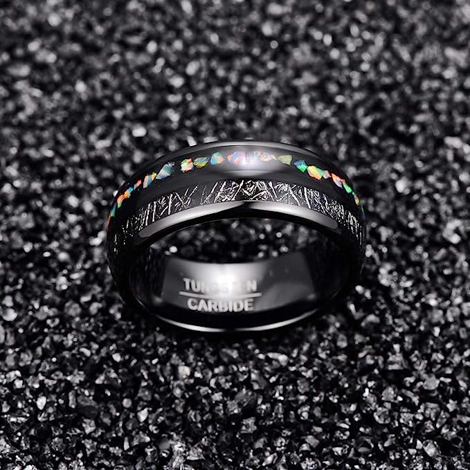 Genuine Carbide Tungsten Color: BLACK Inlaid with Imitated Meteorite Crushed Opal Center Inlay 8mm RING Polished Shiny Comfort Fit Wedding Band Size Size 7-12