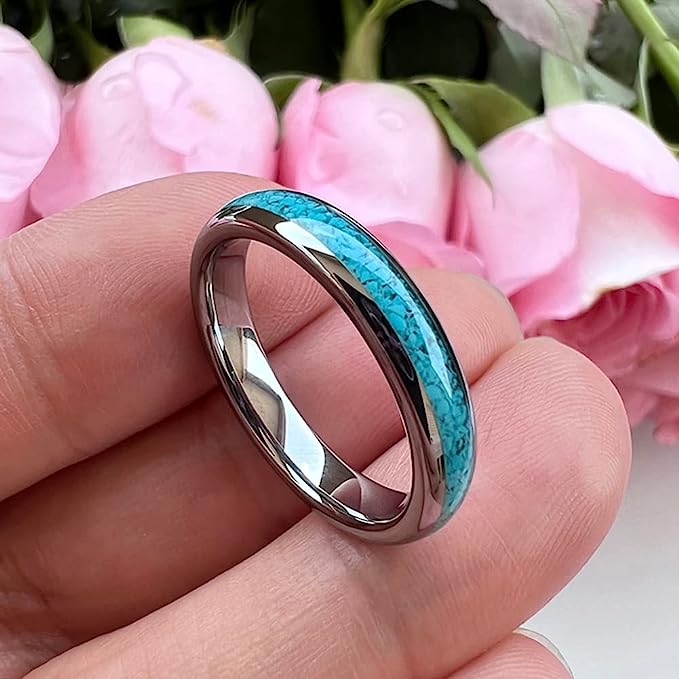 Genuine Carbide Tungsten Color:  SILVER 4mm RING Turquoise Inlay Domed Polished Shiny Comfort Fit Wedding Band Size 6-15