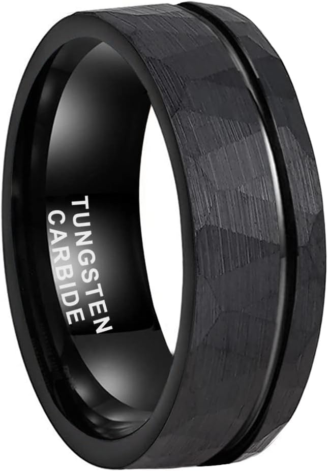 Genuine Carbide Tungsten Color: BLACK Brushed Hammered 8mm RING Polished Shiny Comfort Fit Wedding Band Size 6-15