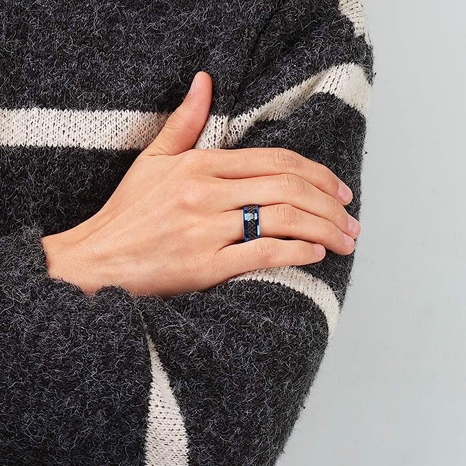 One: Genuine Carbide Tungsten 8mm ring blue-black Fiber with black carbon fiber inlay, Comfort Fit wedding band Size 6-15