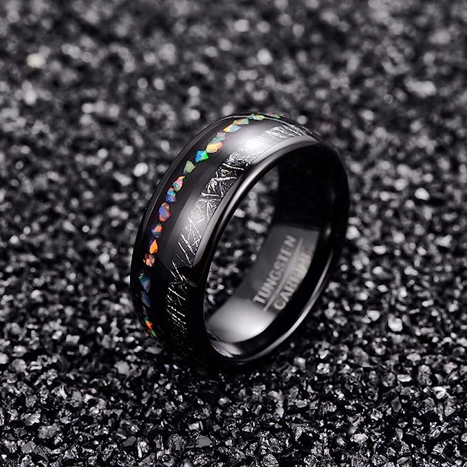 Genuine Carbide Tungsten Color: BLACK Inlaid with Imitated Meteorite Crushed Opal Center Inlay 8mm RING Polished Shiny Comfort Fit Wedding Band Size Size 7-12