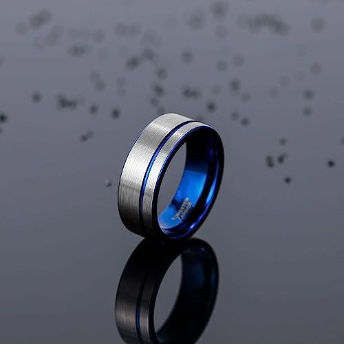8mm Genuine Tungsten Carbide Silver/Blue Thin Groove Line Comfort Fit Size 6-15