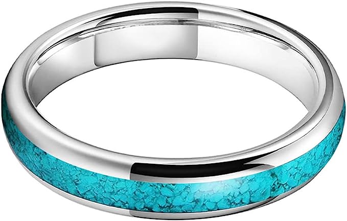 Genuine Carbide Tungsten Color:  SILVER 4mm RING Turquoise Inlay Domed Polished Shiny Comfort Fit Wedding Band Size 6-15