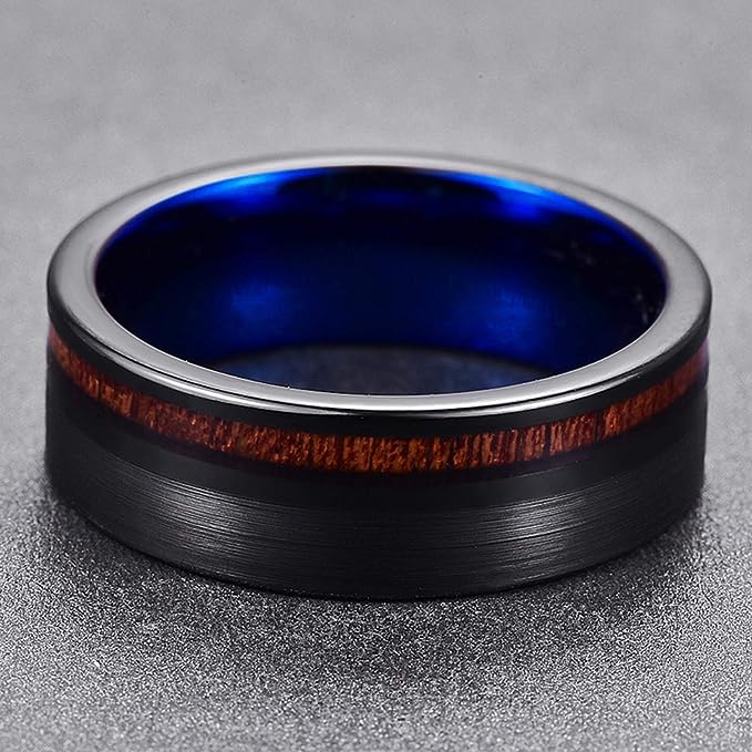 Genuine Carbide Tungsten Color: 8mm BLACK Brushed BLUE Koa Wood Inlay  High polished inner-face design smooth and shiny. Comfort Fit Wedding Band Size 6-15