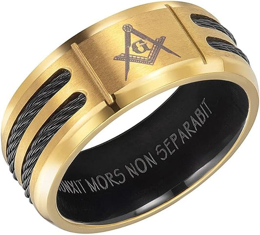 Genuine Titanium Black 8mm Wide Gold tone Masonic Man Ring High Polished Comfort Fit.